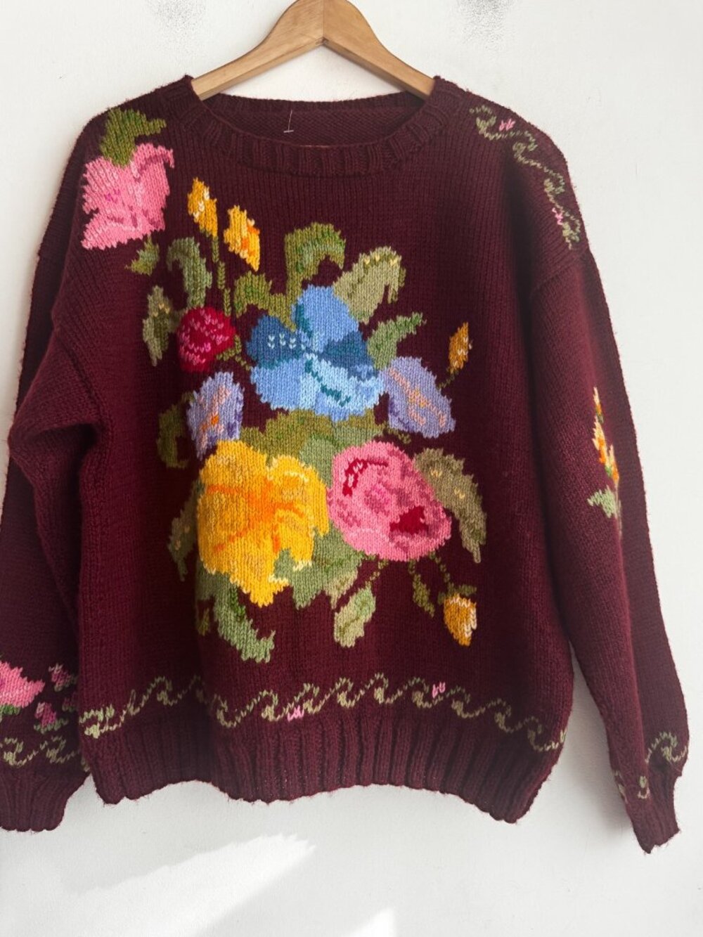 Vintage Colourful Floral Wool Blend Pullover Sweater L - Picture 2 of 4